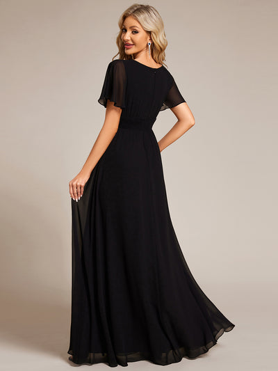 Bodenlanger A-Linien Chiffonkleid Mit Falten Und Rüschen Details Rundhals #Farbe_Schwarz