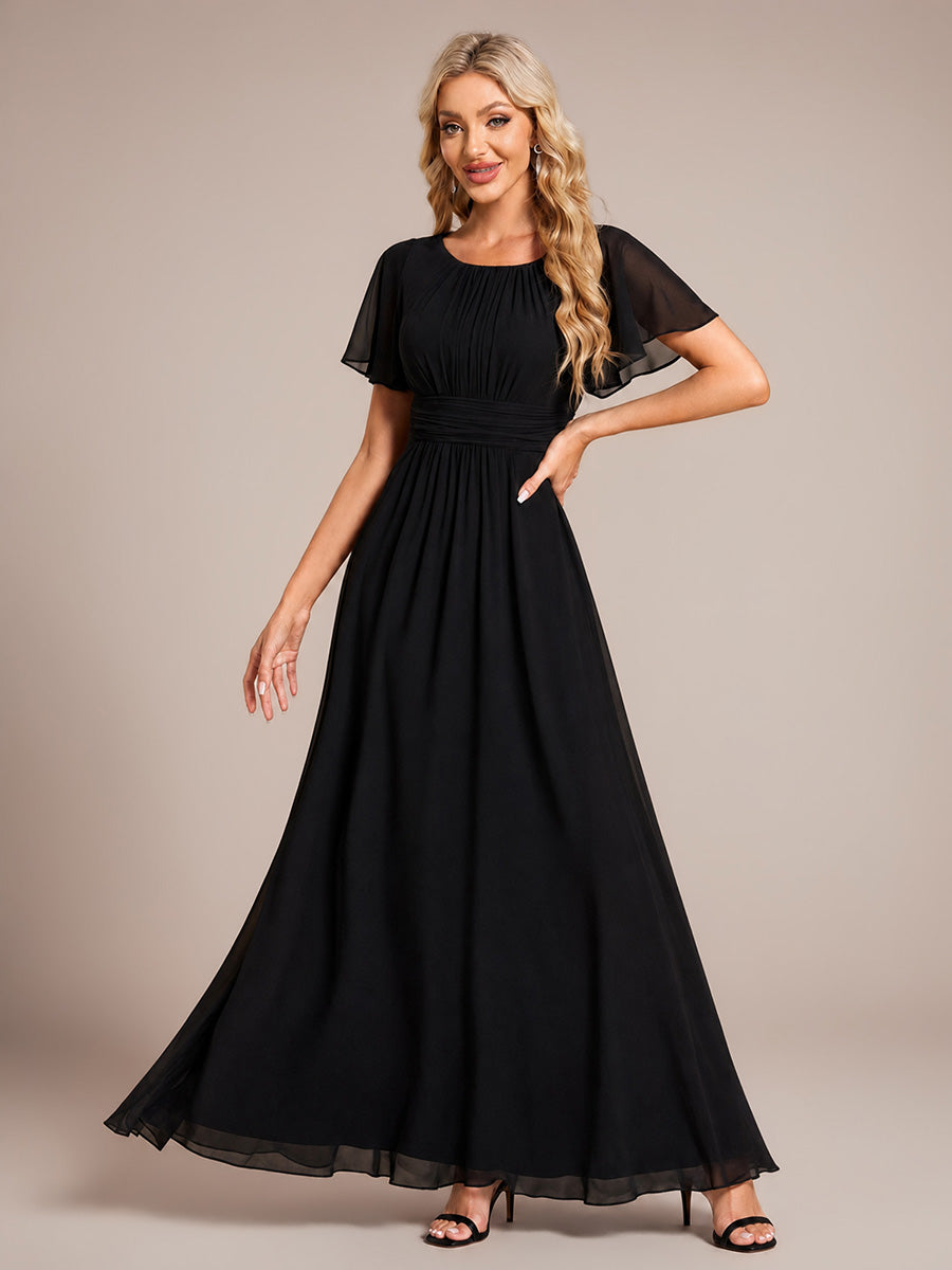 Bodenlanger A-Linien Chiffon Kleid Mit Falten Und Raffung Rundhalsausschnitt #Farbe_Schwarz