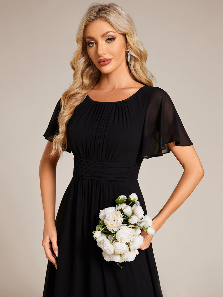 Bodenlanger A-Linien Chiffonkleid Mit Falten Und Rüschen Details Rundhals #Farbe_Schwarz