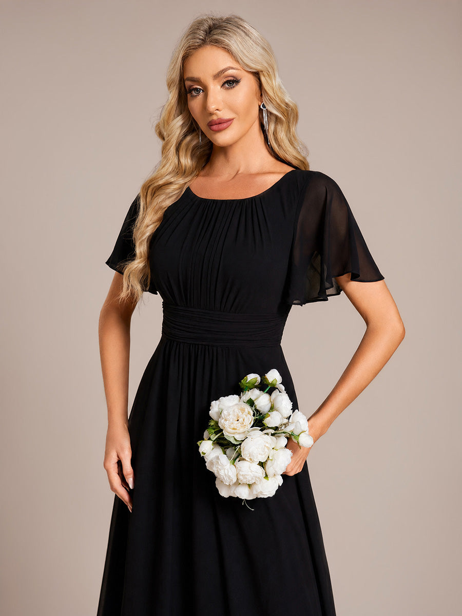 Bodenlanger A-Linien Chiffon Kleid Mit Falten Und Raffung Rundhalsausschnitt #Farbe_Schwarz