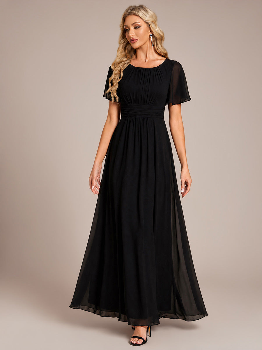 Bodenlanger A-Linien Chiffon Kleid Mit Falten Und Raffung Rundhalsausschnitt #Farbe_Schwarz