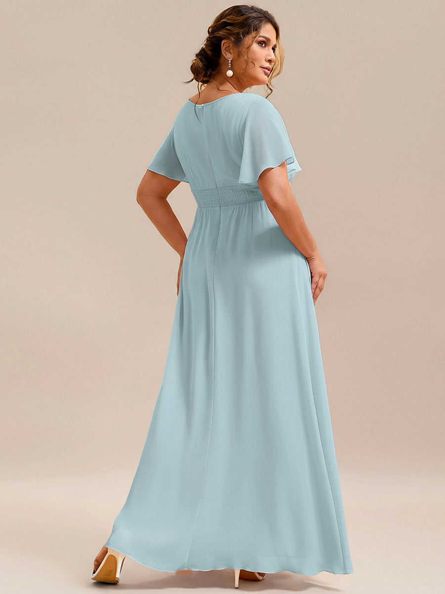 Bodenlanger A-Linien Chiffonkleid Mit Falten Und Rüschen Details Rundhals #Farbe_Himmelblau