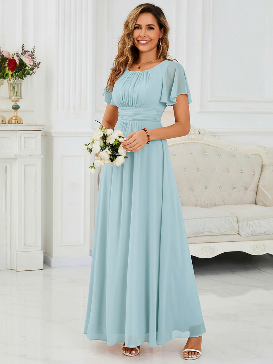 Bodenlanger A-Linien Chiffonkleid Mit Falten Und Rüschen Details Rundhals #Farbe_Himmelblau