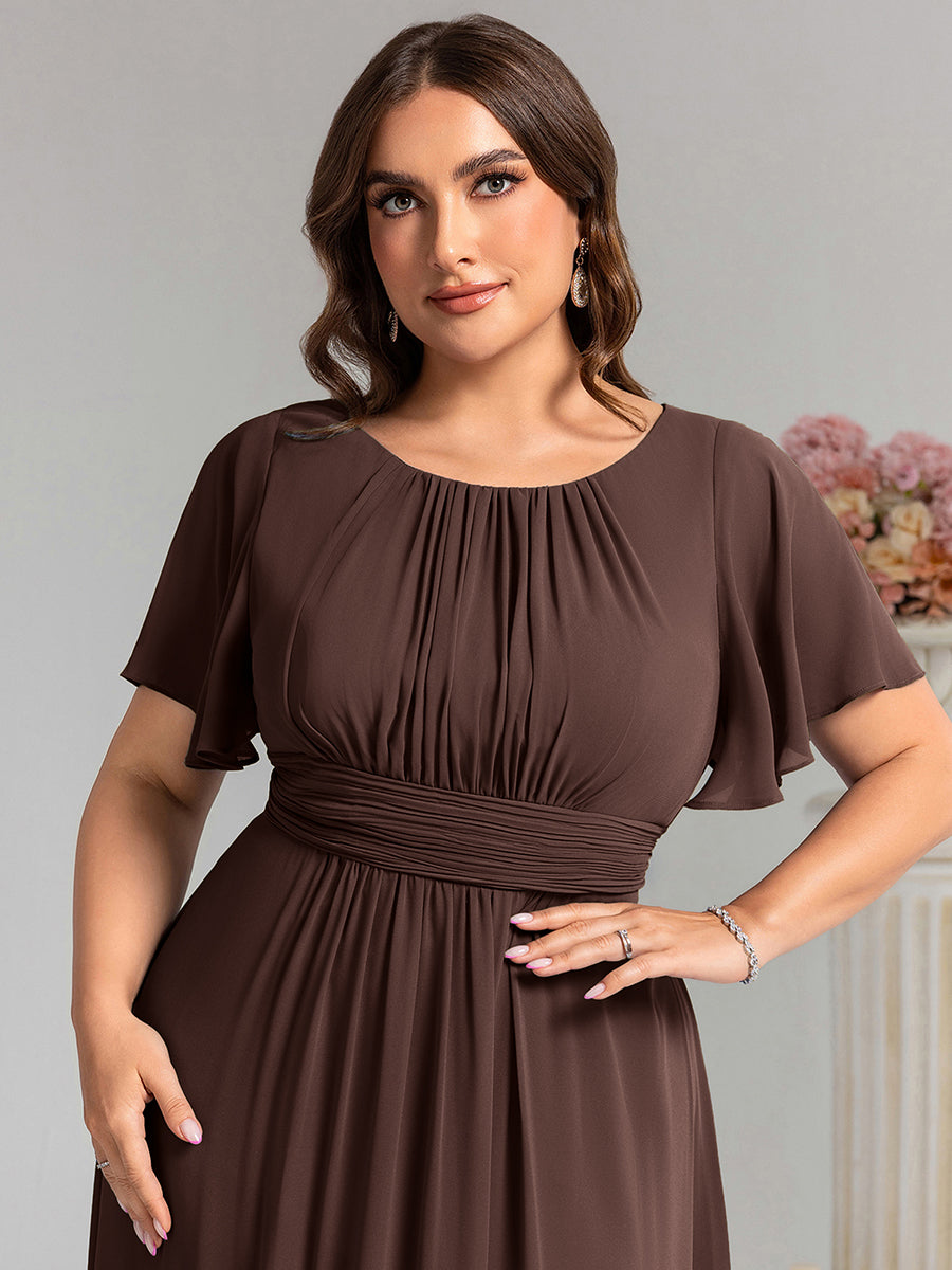 Bodenlanger A-Linien Chiffonkleid Mit Falten Und Rüschen Details Rundhals #Farbe_Schokoladenbraun