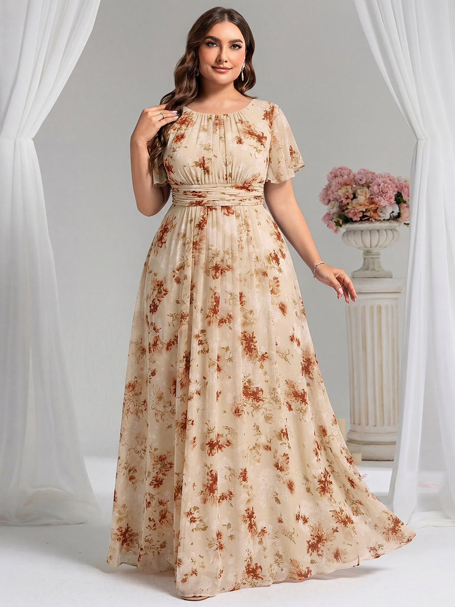 Bodenlanger A-Linien Chiffon Kleid Mit Falten Und Raffung Rundhals #Farbe_Impression Champagne