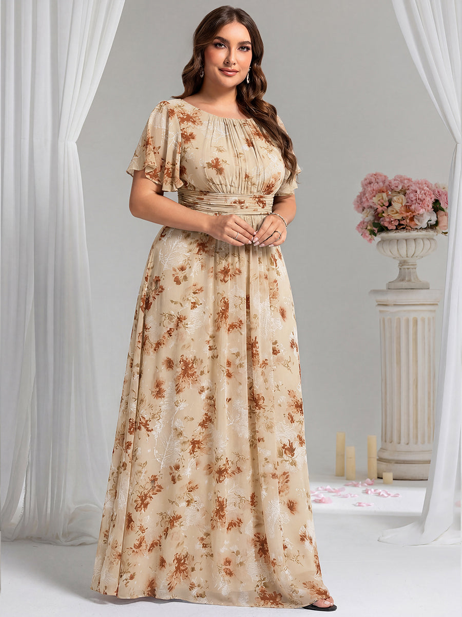 Bodenlanger A-Linien Chiffon Kleid Mit Falten Und Raffung Rundhals #Farbe_Impression Champagne