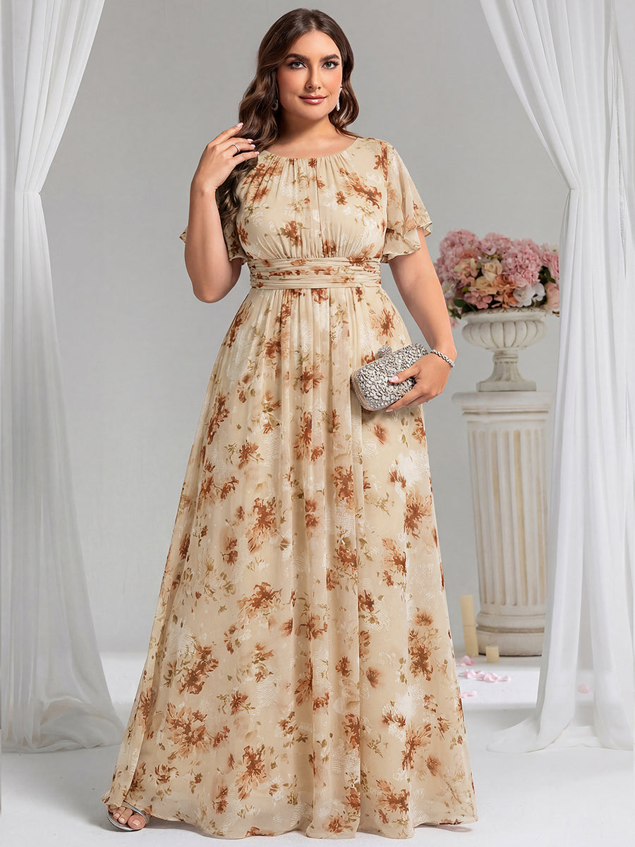 Bodenlanger A-Linien Chiffon Kleid Mit Falten Und Raffung Rundhals #Farbe_Impression Champagne