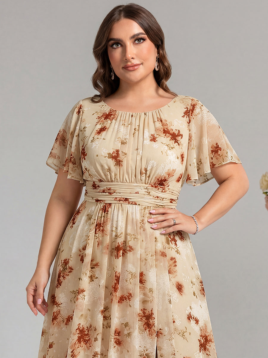 Bodenlanger A-Linien Chiffon Kleid Mit Falten Und Raffung Rundhals #Farbe_Impression Champagne