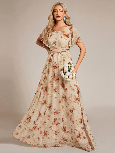 Bodenlanger A-Linien Chiffon Kleid Mit Falten Und Raffung Rundhals #Farbe_Impression Champagne