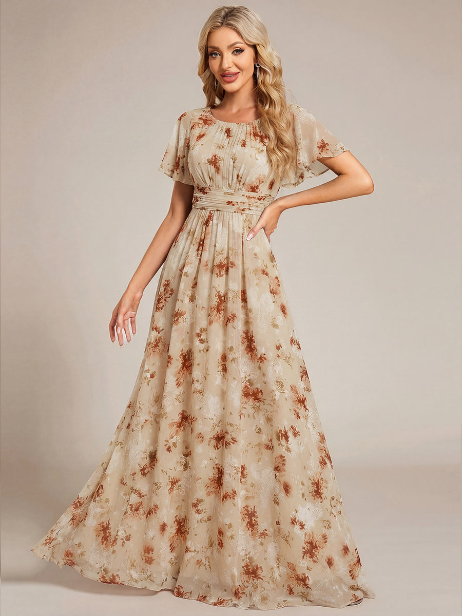 Bodenlanger A-Linien Chiffon Kleid Mit Falten Und Raffung Rundhals #Farbe_Impression Champagne