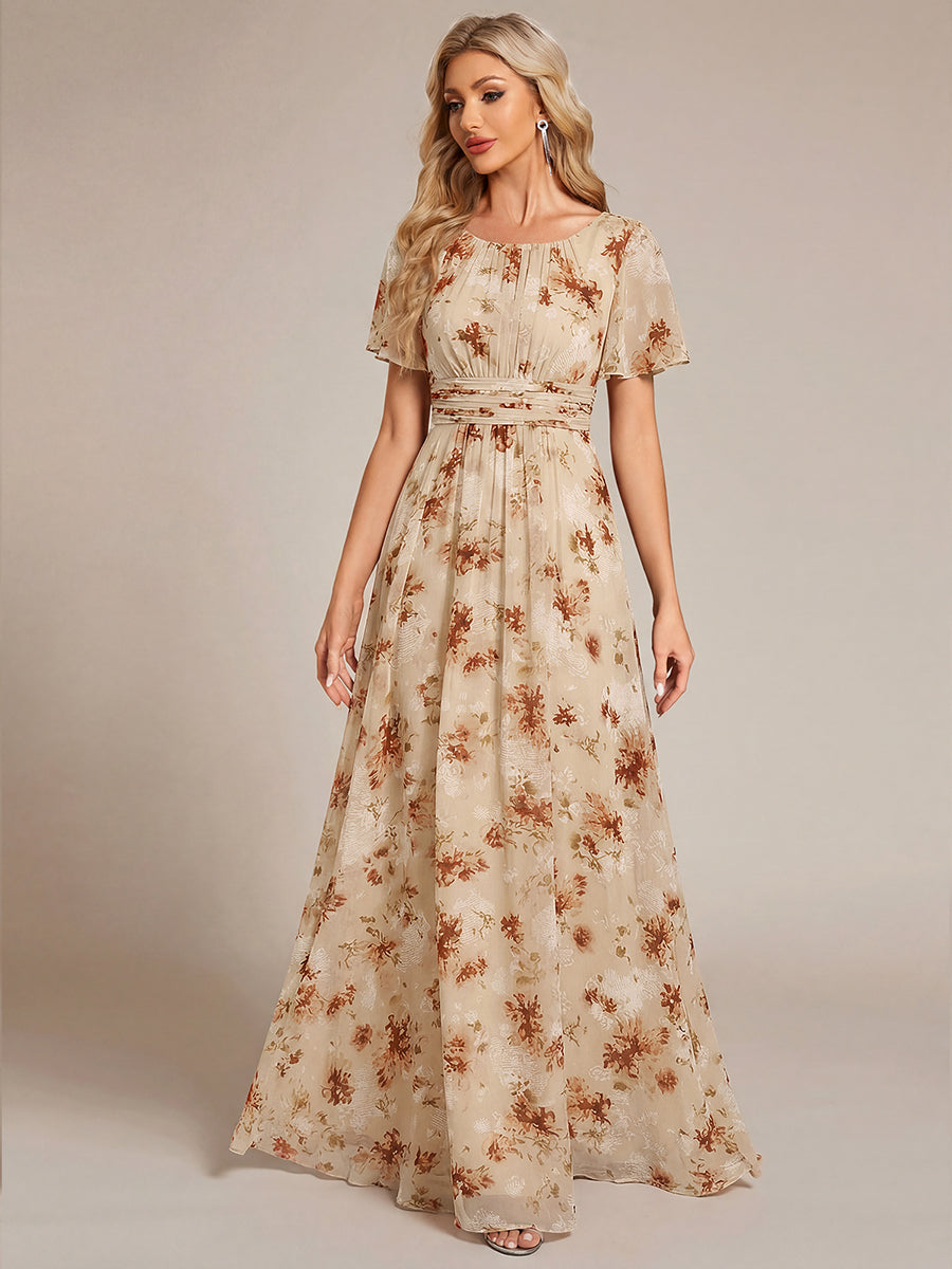 Bodenlanger A-Linien Chiffon Kleid Mit Falten Und Raffung Rundhals #Farbe_Impression Champagne