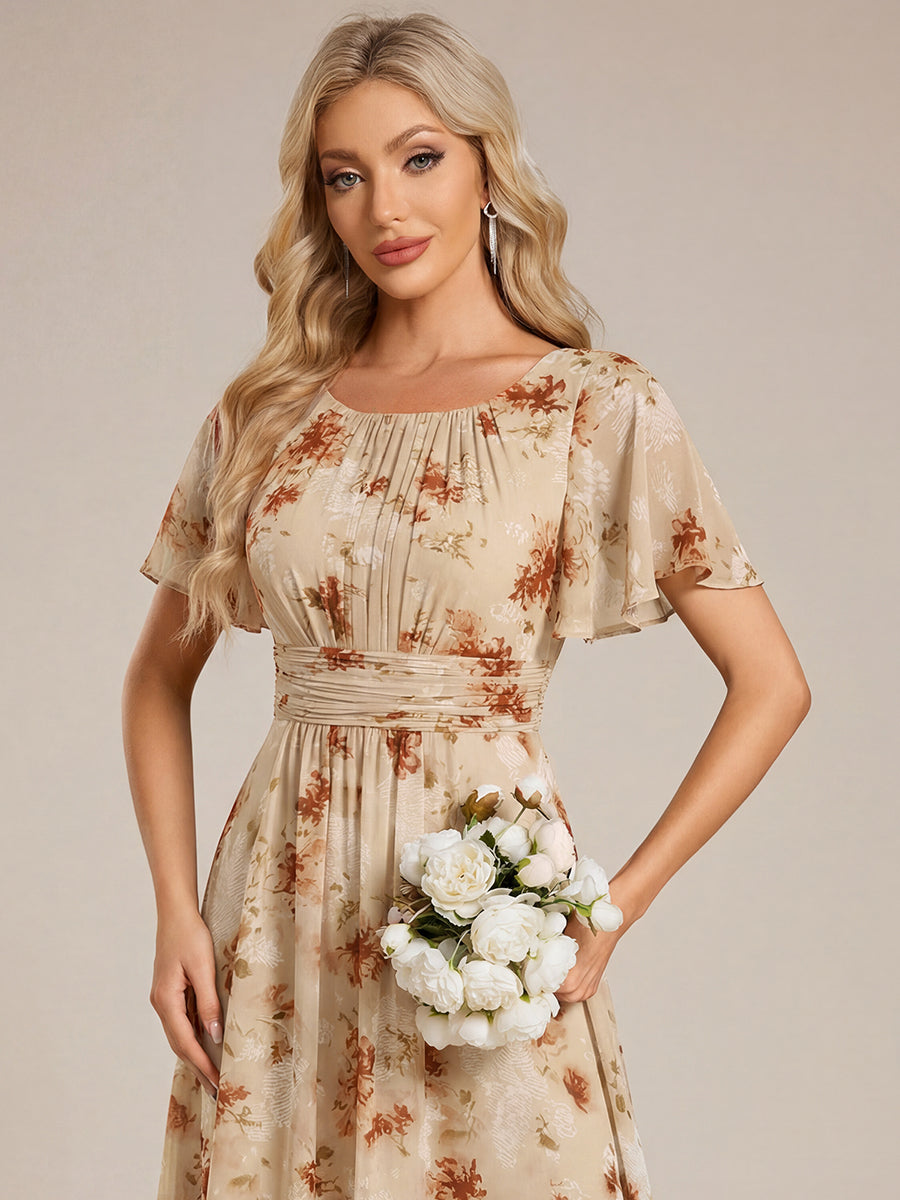 Bodenlanger A-Linien Chiffon Kleid Mit Falten Und Raffung Rundhals #Farbe_Impression Champagne