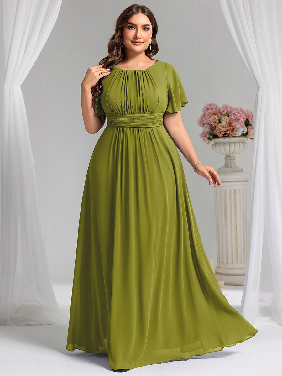 Bodenlanger A-Linien Chiffonkleid Mit Falten Und Rüschen Details Rundhals #Farbe_Zitrone