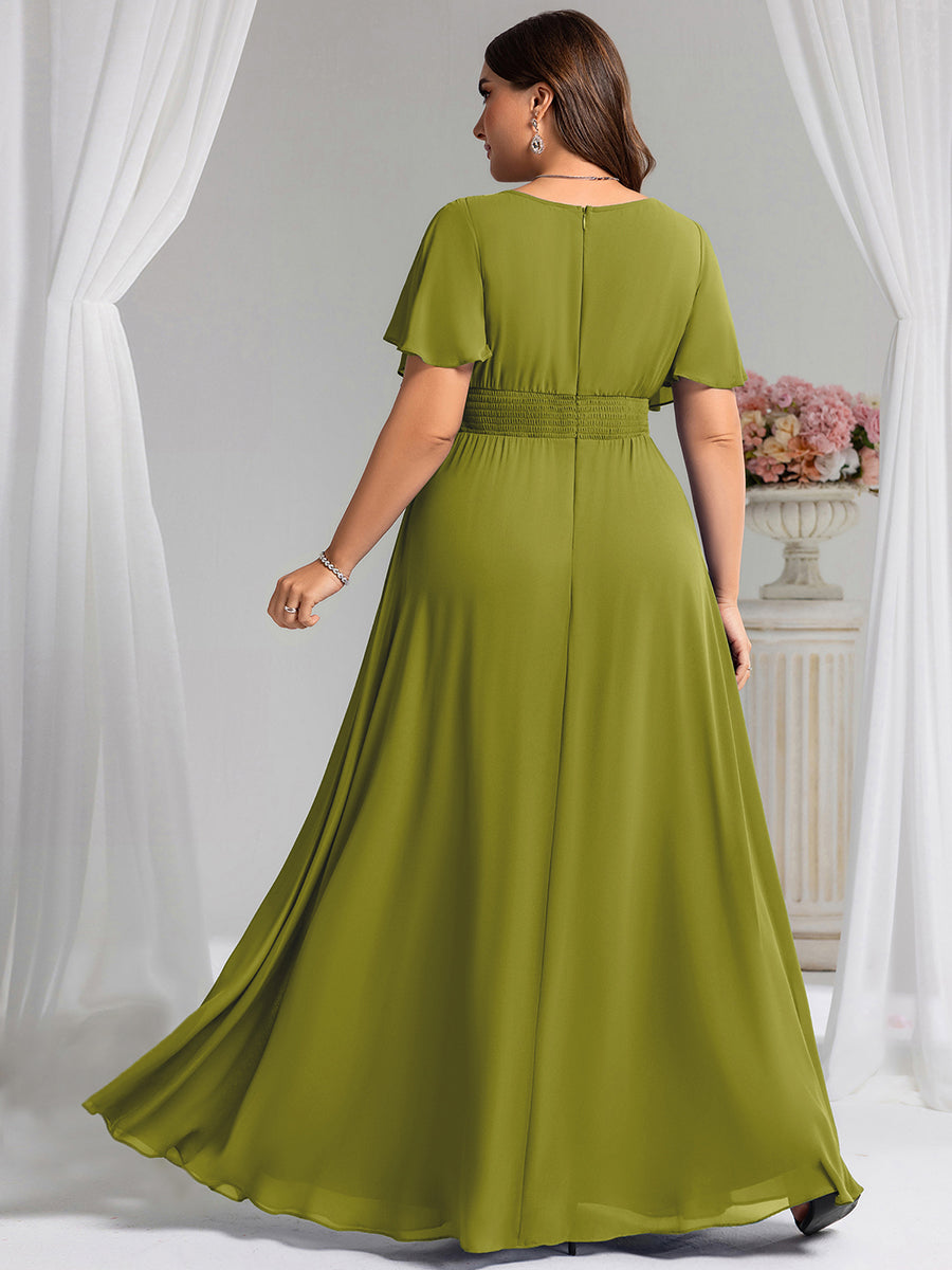 Bodenlanger A-Linien Chiffonkleid Mit Falten Und Rüschen Details Rundhals #Farbe_Zitrone