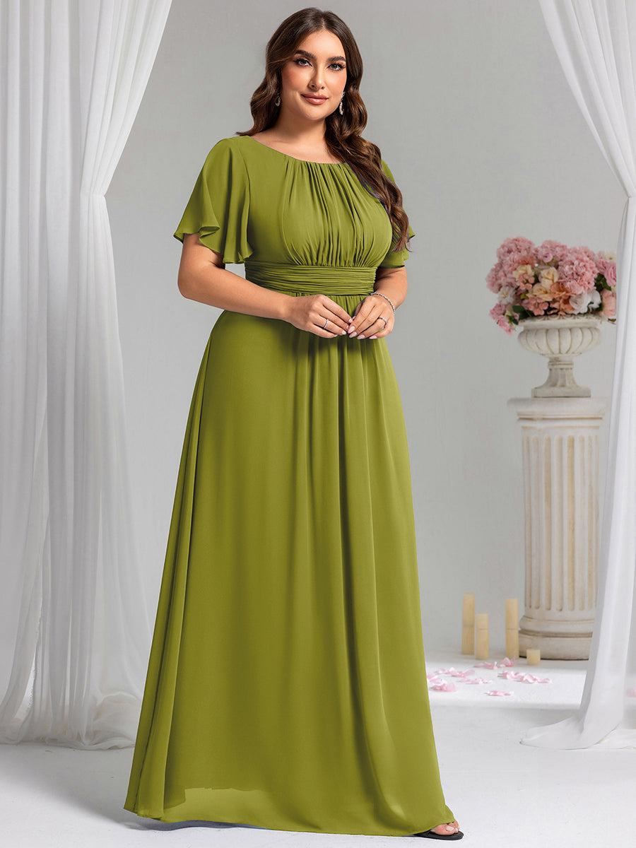 Bodenlanger A-Linien Chiffonkleid Mit Falten Und Rüschen Details Rundhals #Farbe_Zitrone
