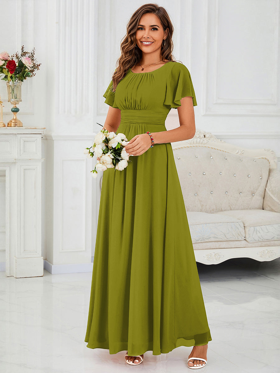 Bodenlanger A-Linien Chiffonkleid Mit Falten Und Rüschen Details Rundhals #Farbe_Zitrone