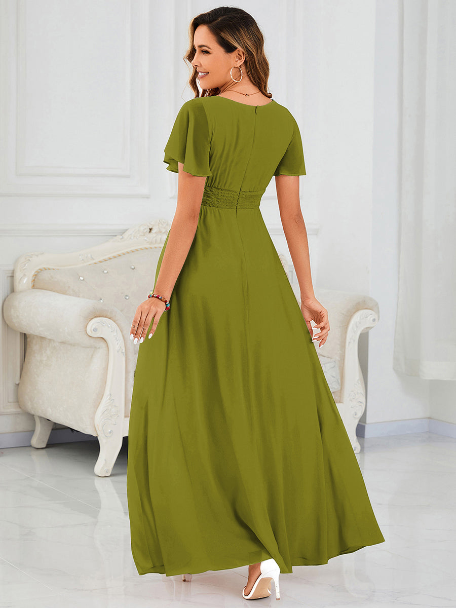 Bodenlanger A-Linien Chiffonkleid Mit Falten Und Rüschen Details Rundhals #Farbe_Zitrone