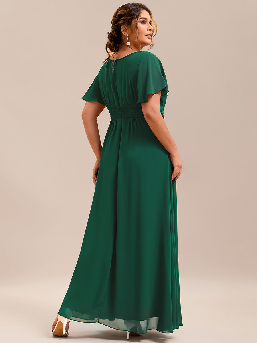 Bodenlanger A-Linien Chiffonkleid Mit Falten Und Rüschen Details Rundhals #Farbe_Dunkelgrün