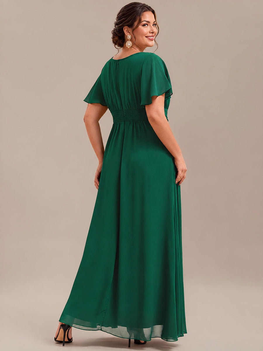 Bodenlanger A-Linien Chiffonkleid Mit Falten Und Rüschen Details Rundhals #Farbe_Dunkelgrün