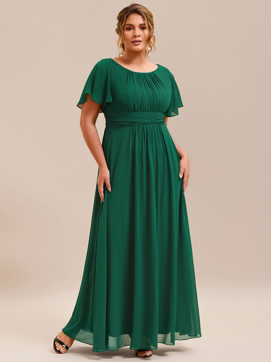 Bodenlanger A-Linien Chiffonkleid Mit Falten Und Rüschen Details Rundhals #Farbe_Dunkelgrün