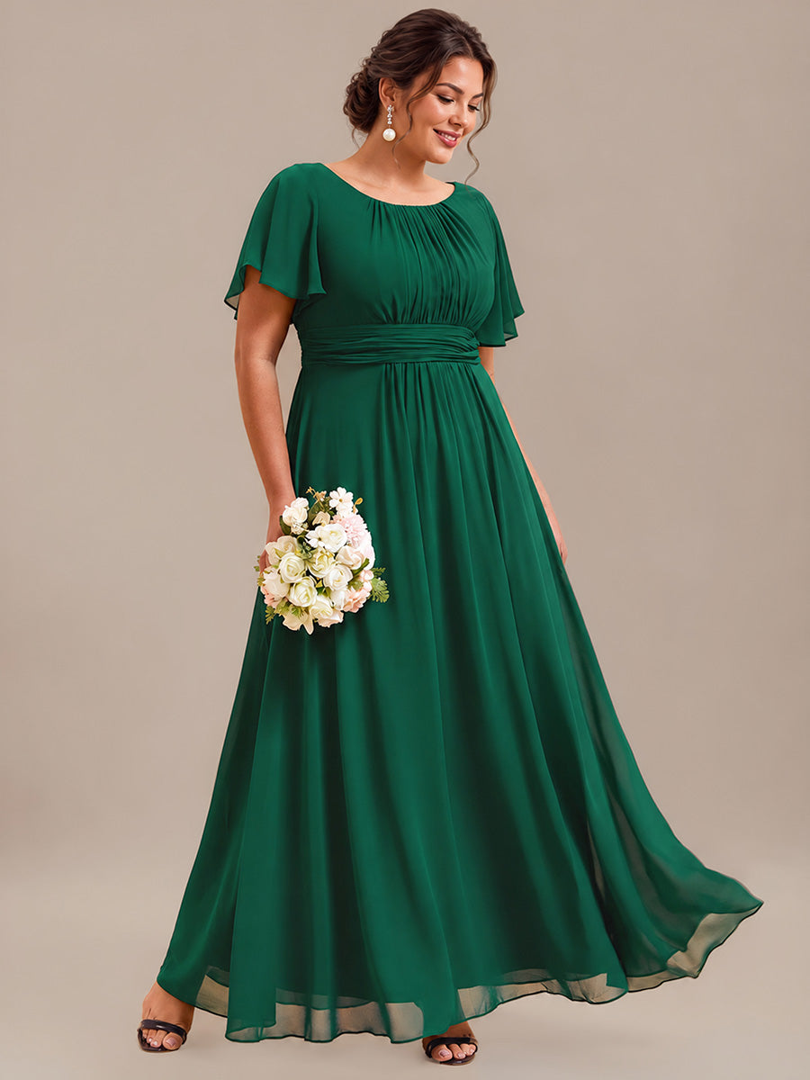 Bodenlanger A-Linien Chiffonkleid Mit Falten Und Rüschen Details Rundhals #Farbe_Dunkelgrün