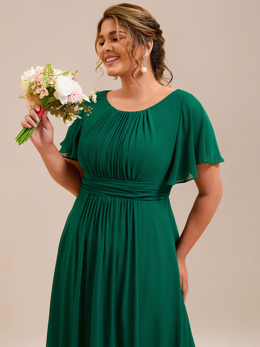 Bodenlanger A-Linien Chiffonkleid Mit Falten Und Rüschen Details Rundhals #Farbe_Dunkelgrün