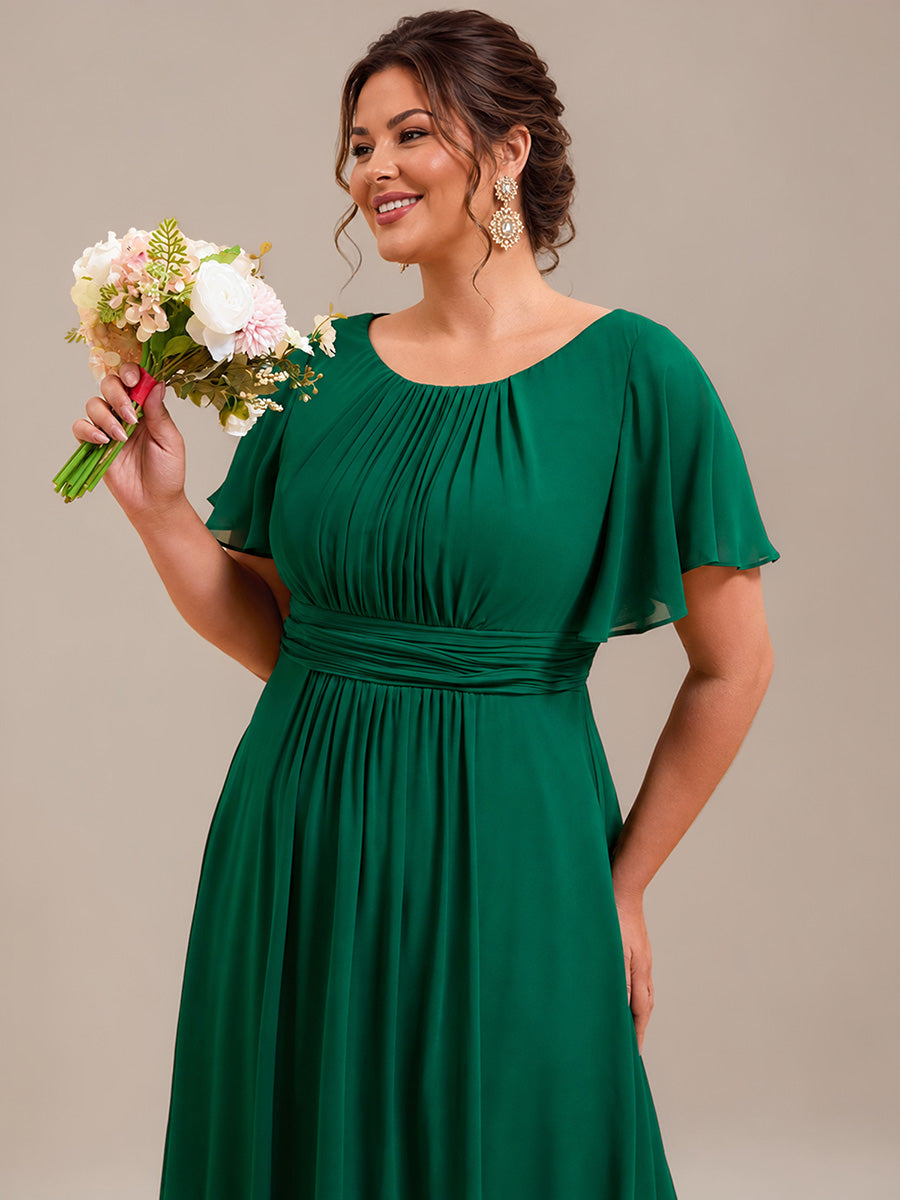 Bodenlanger A-Linien Chiffonkleid Mit Falten Und Rüschen Details Rundhals #Farbe_Dunkelgrün