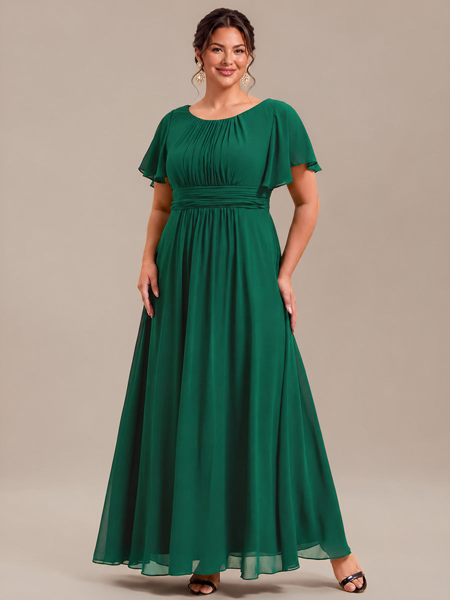 Bodenlanger A-Linien Chiffonkleid Mit Falten Und Rüschen Details Rundhals #Farbe_Dunkelgrün