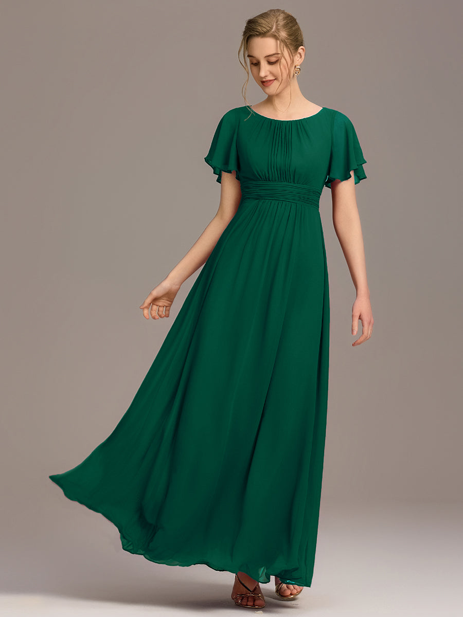 Bodenlanger A-Linien Chiffonkleid Mit Falten Und Rüschen Details Rundhals #Farbe_Dunkelgrün