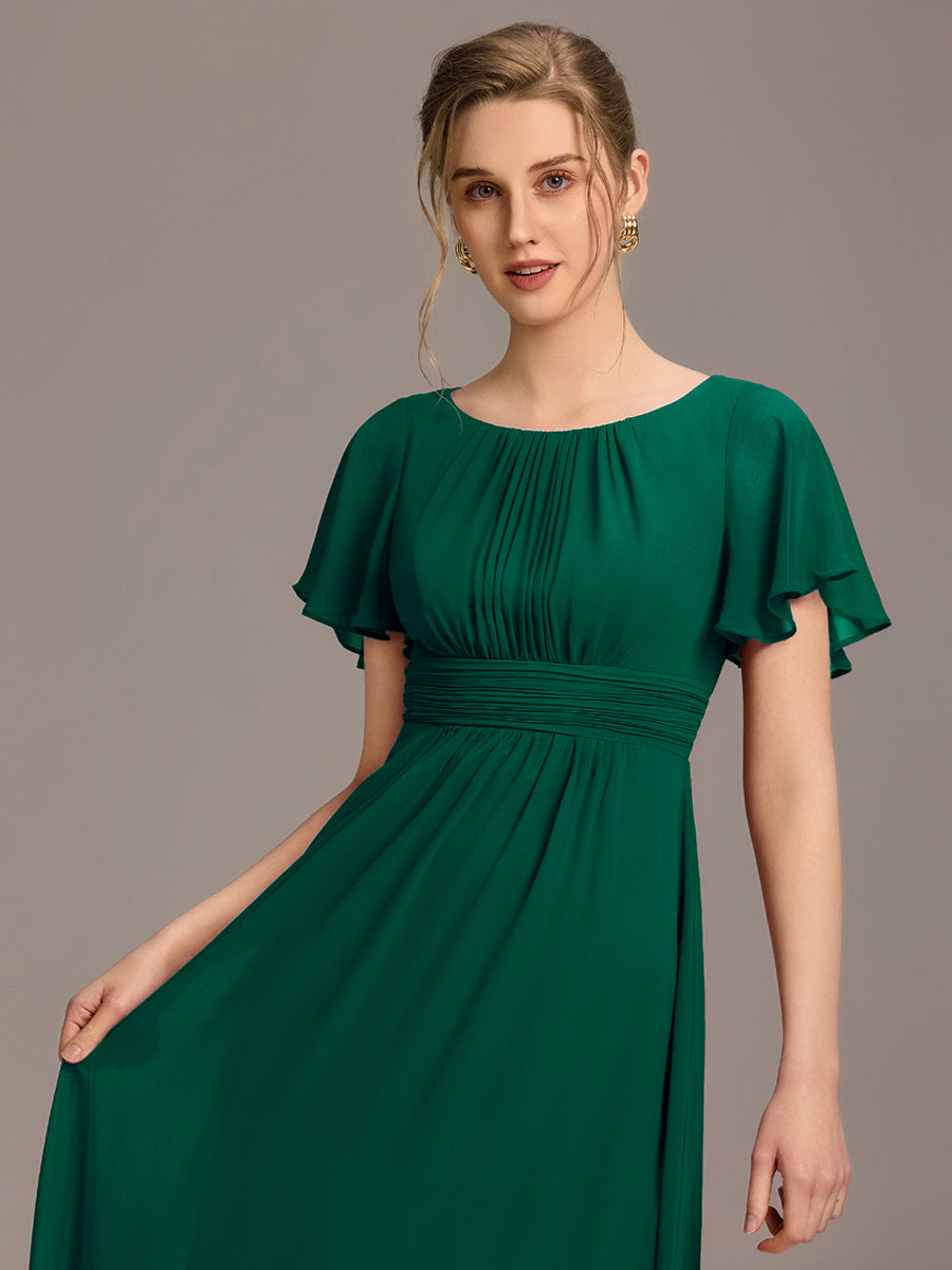 Bodenlanger A-Linien Chiffonkleid Mit Falten Und Rüschen Details Rundhals #Farbe_Dunkelgrün