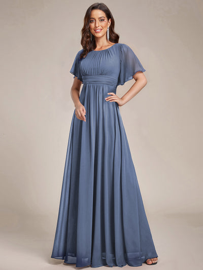 Bodenlanger A-Linien Chiffonkleid Mit Falten Und Rüschen Details Rundhals #Farbe_Taubenblau