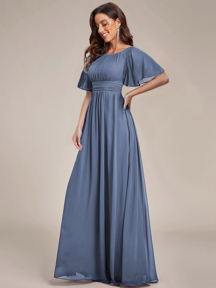 Bodenlanger A-Linien Chiffonkleid Mit Falten Und Rüschen Details Rundhals #Farbe_Taubenblau