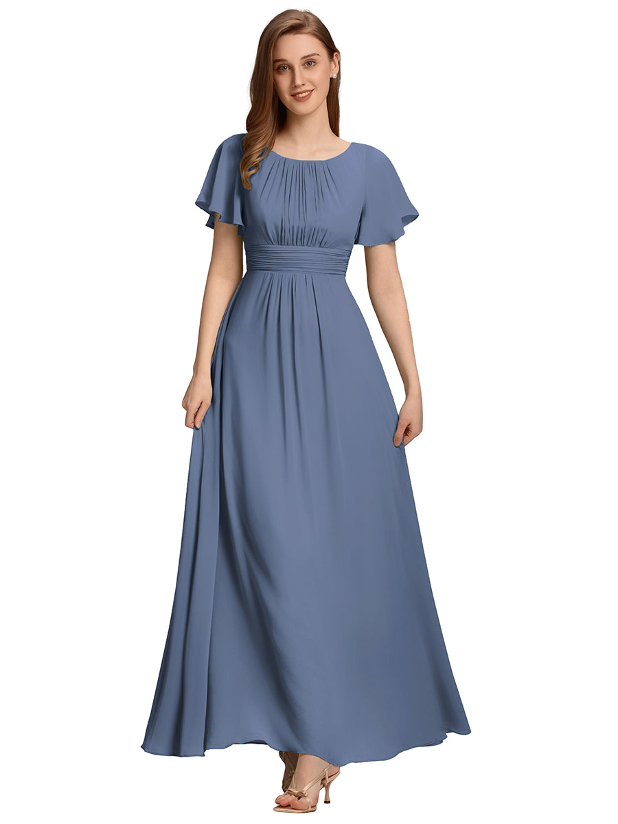 Bodenlanger A-Linien Chiffonkleid Mit Falten Und Rüschen Details Rundhals #Farbe_Taubenblau