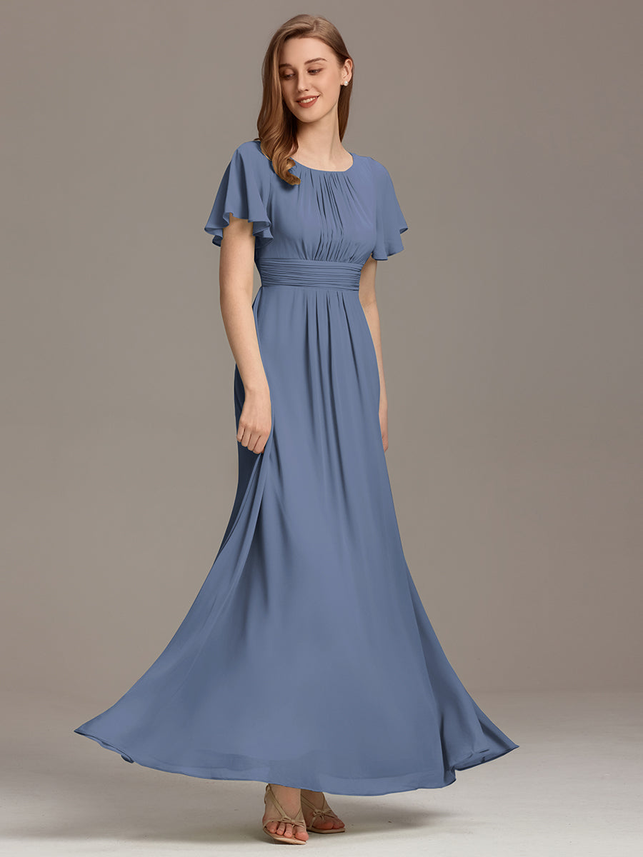 Bodenlanger A-Linien Chiffonkleid Mit Falten Und Rüschen Details Rundhals #Farbe_Taubenblau
