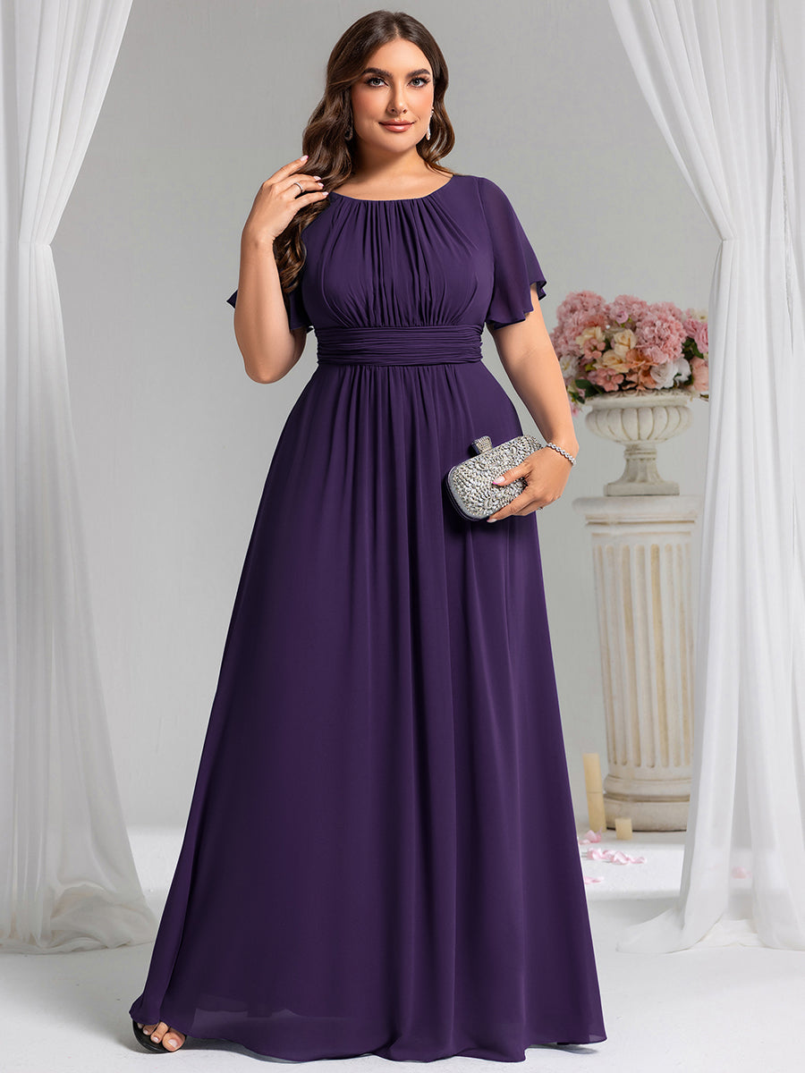 Bodenlanger A-Linien Chiffonkleid Mit Falten Und Rüschen Details Rundhals #Farbe_Dunkelviolett