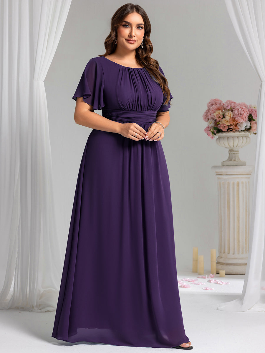 Bodenlanger A-Linien Chiffonkleid Mit Falten Und Rüschen Details Rundhals #Farbe_Dunkelviolett