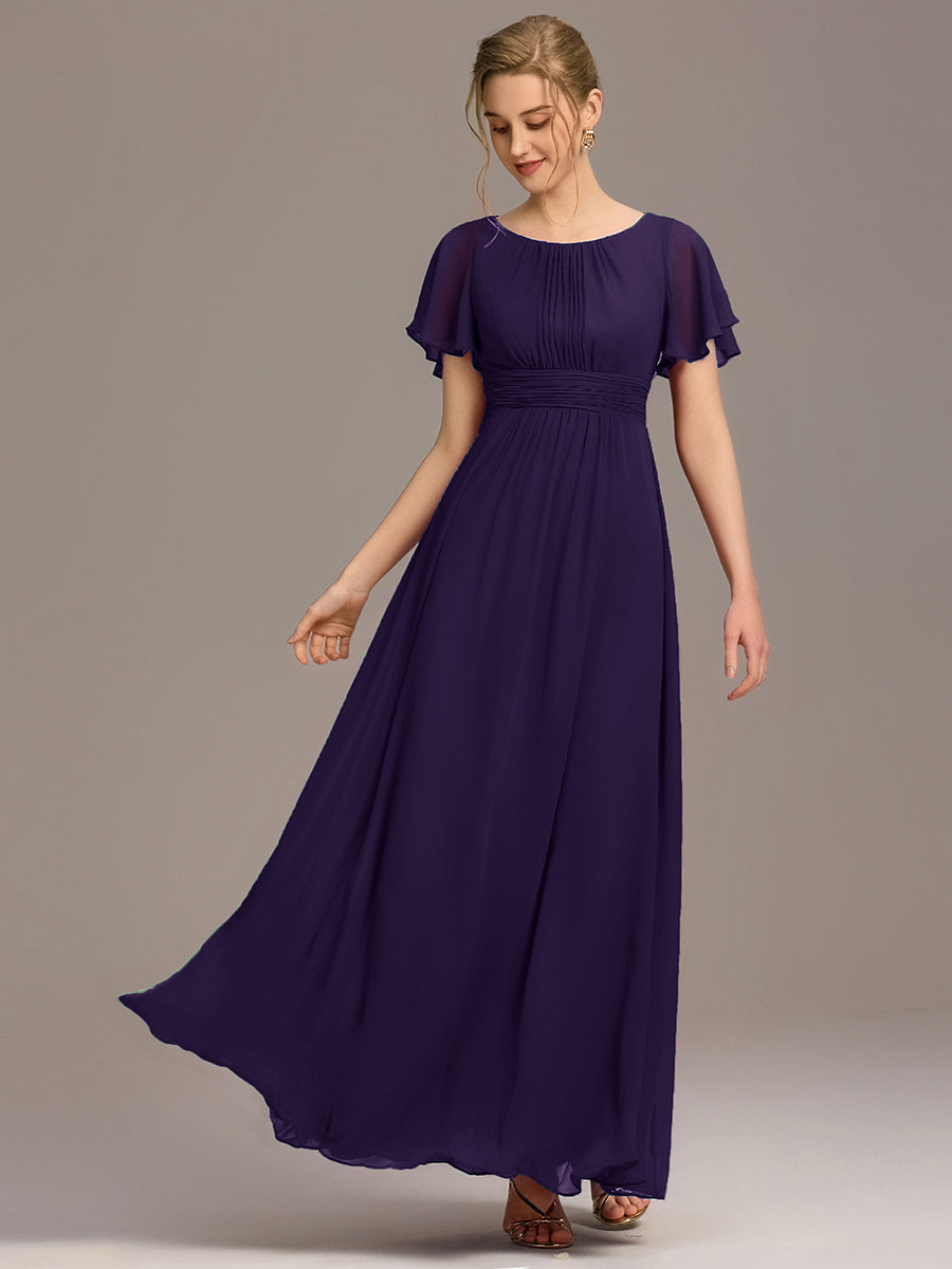 Bodenlanger A-Linien Chiffonkleid Mit Falten Und Rüschen Details Rundhals #Farbe_Dunkelviolett