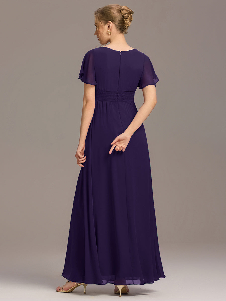 Bodenlanger A-Linien Chiffonkleid Mit Falten Und Rüschen Details Rundhals #Farbe_Dunkelviolett