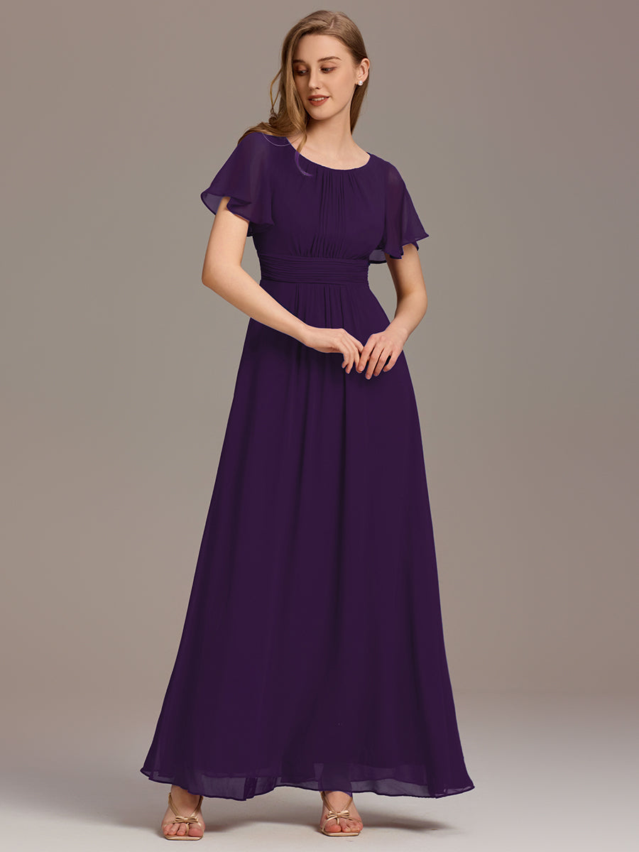 Bodenlanger A-Linien Chiffonkleid Mit Falten Und Rüschen Details Rundhals #Farbe_Dunkelviolett
