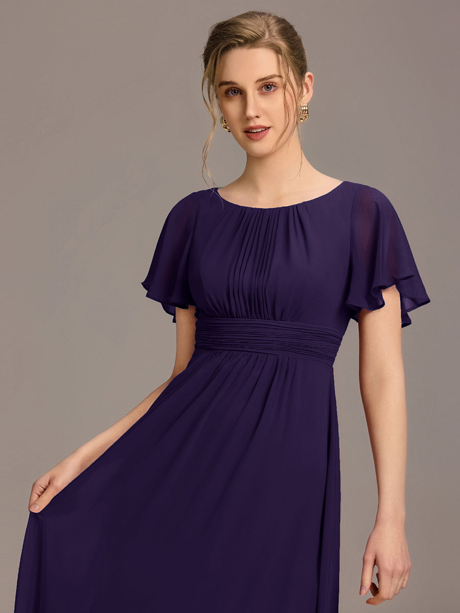 Bodenlanger A-Linien Chiffonkleid Mit Falten Und Rüschen Details Rundhals #Farbe_Dunkelviolett