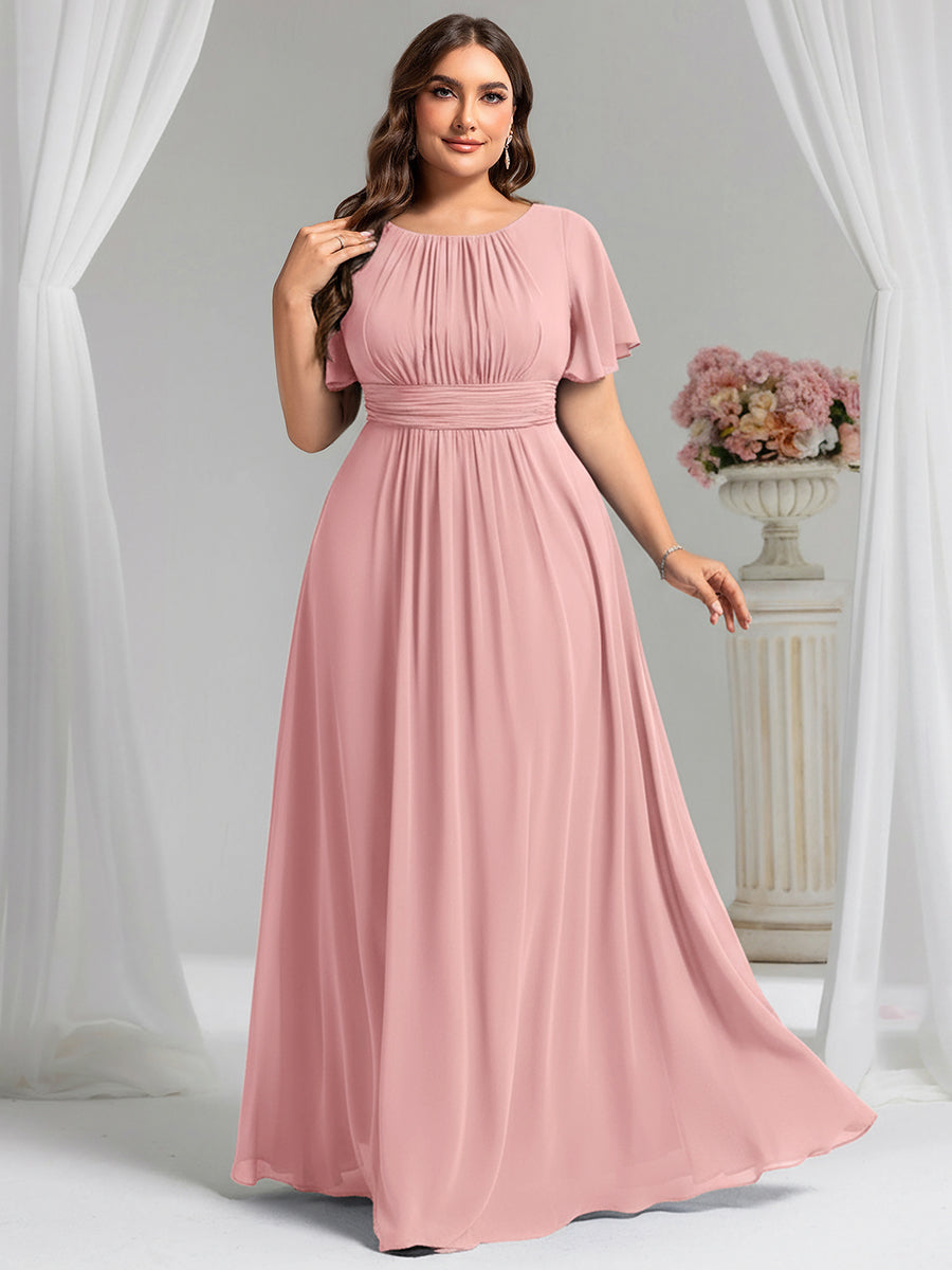 Bodenlanger A-Linien Chiffonkleid Mit Falten Und Rüschen Details Rundhals #Farbe_Altrosa
