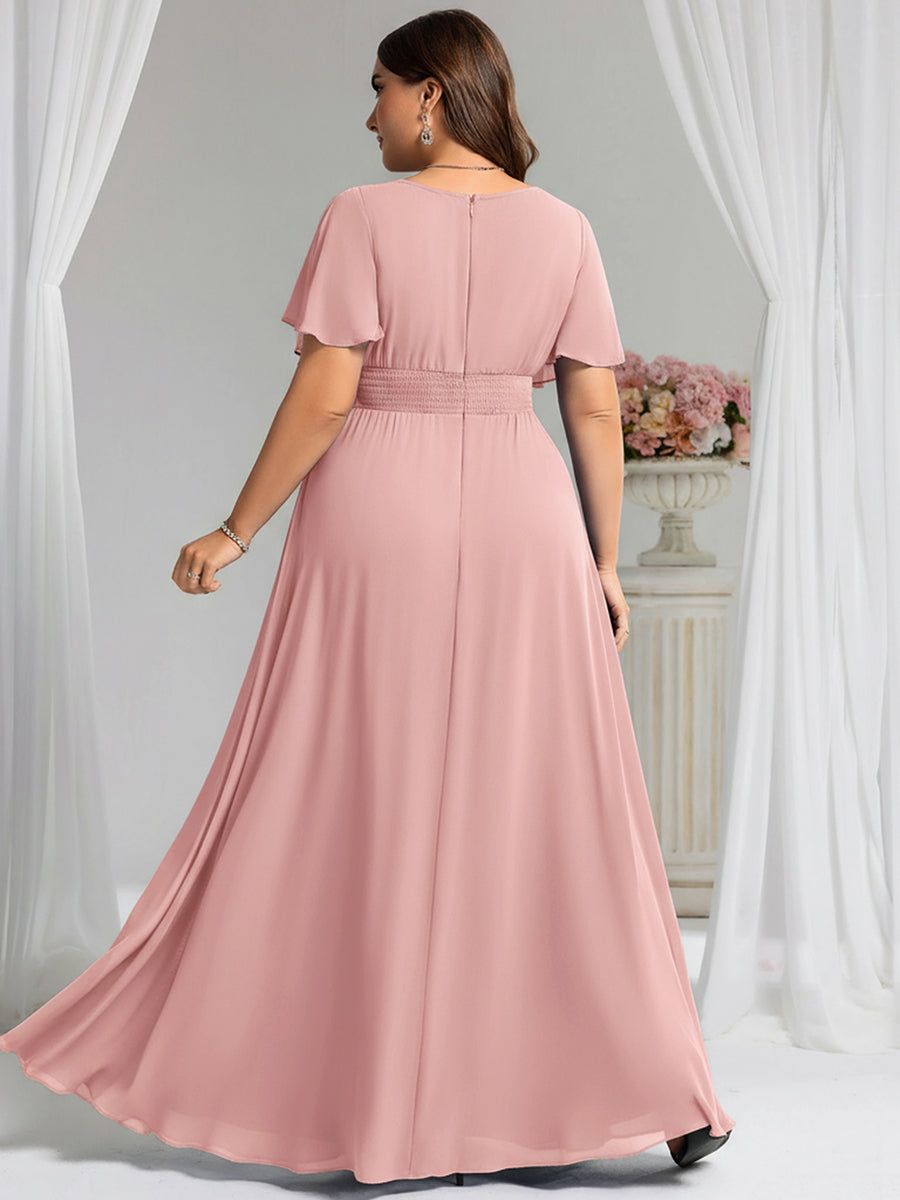 Bodenlanger A-Linien Chiffonkleid Mit Falten Und Rüschen Details Rundhals #Farbe_Altrosa