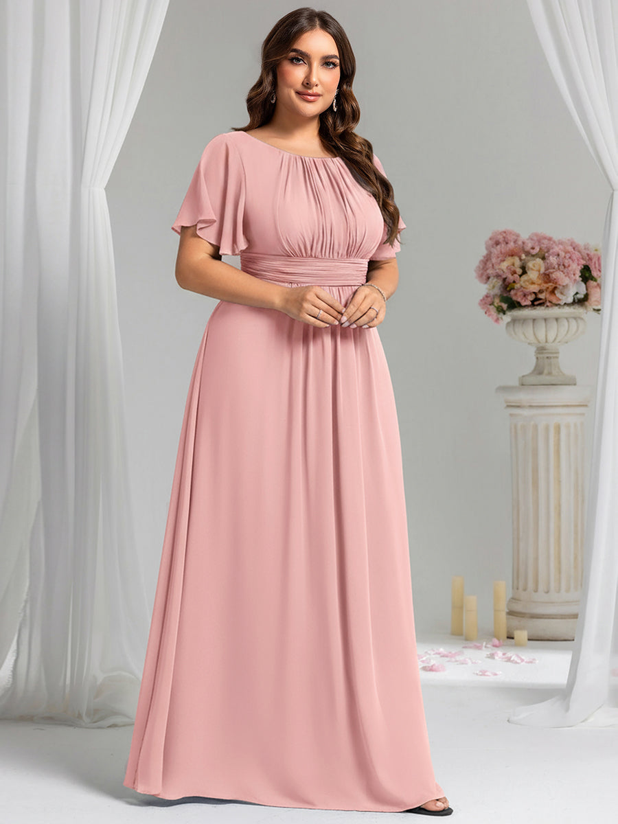 Bodenlanger A-Linien Chiffonkleid Mit Falten Und Rüschen Details Rundhals #Farbe_Altrosa