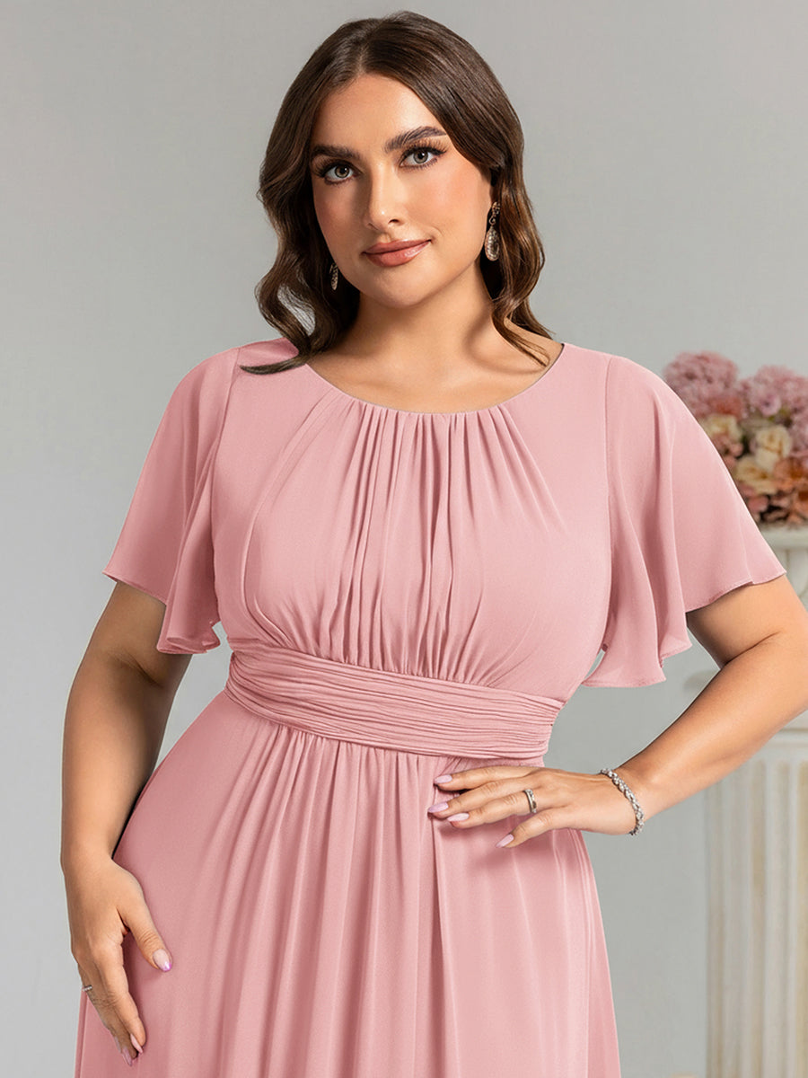 Bodenlanger A-Linien Chiffonkleid Mit Falten Und Rüschen Details Rundhals #Farbe_Altrosa