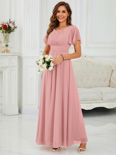 Bodenlanger A-Linien Chiffonkleid Mit Falten Und Rüschen Details Rundhals #Farbe_Altrosa