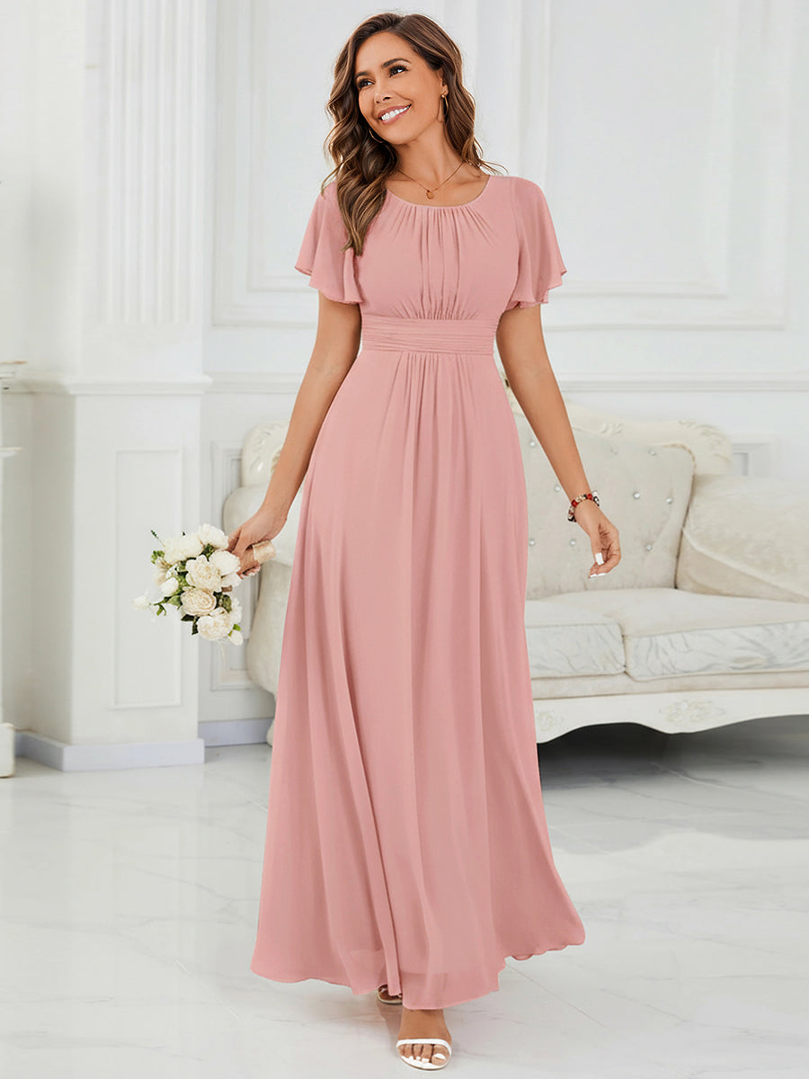 Bodenlanger A-Linien Chiffonkleid Mit Falten Und Rüschen Details Rundhals #Farbe_Altrosa
