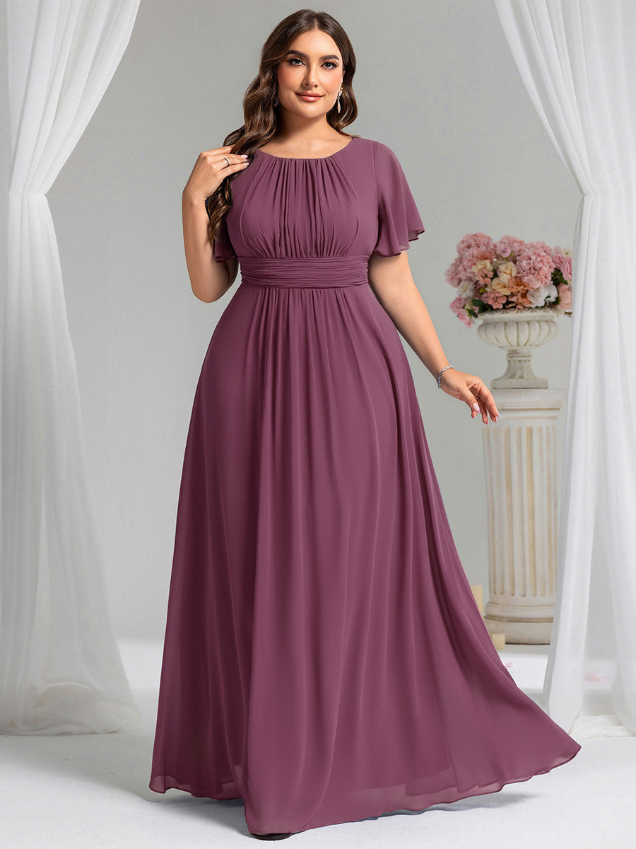 Bodenlanger A-Linien Chiffonkleid Mit Falten Und Rüschen Details Rundhals #Farbe_Pflaumenviolett