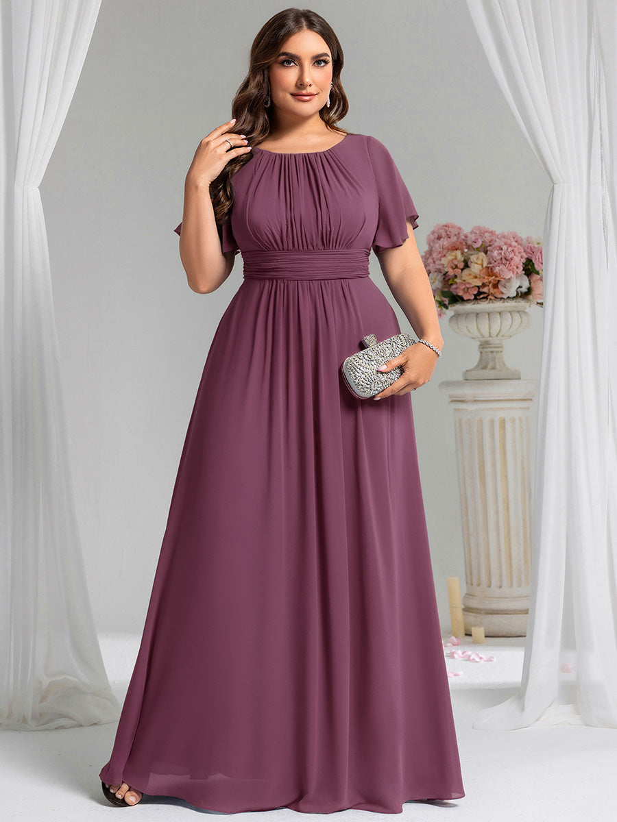 Bodenlanger A-Linien Chiffonkleid Mit Falten Und Rüschen Details Rundhals #Farbe_Pflaumenviolett