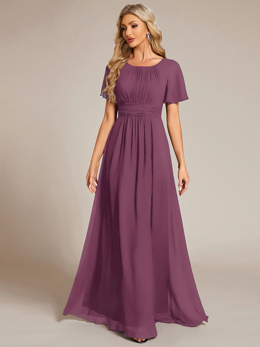 Bodenlanger A-Linien Chiffonkleid Mit Falten Und Rüschen Details Rundhals #Farbe_Pflaumenviolett