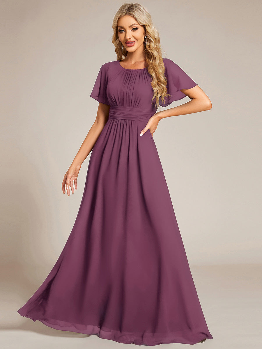 Bodenlanger A-Linien Chiffonkleid Mit Falten Und Rüschen Details Rundhals #Farbe_Pflaumenviolett